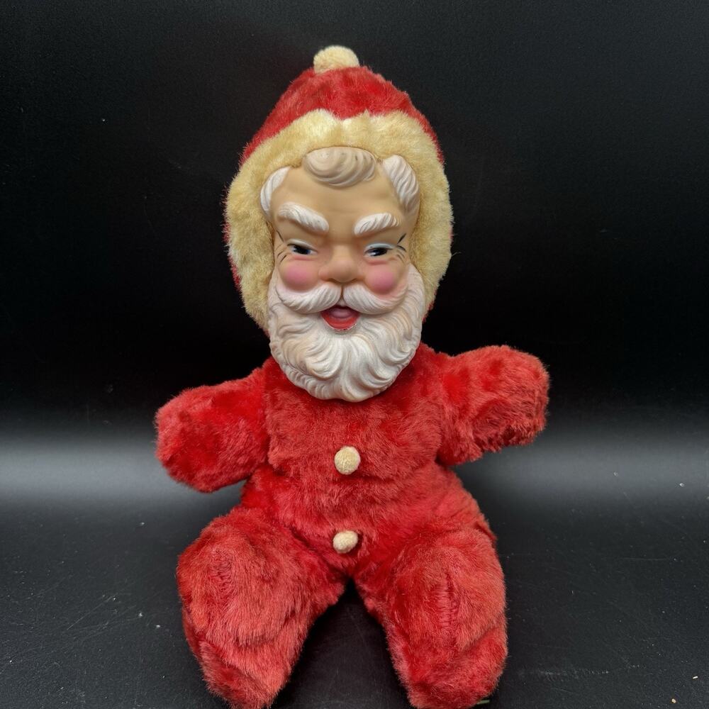 1960s Vintage SANTA CLAUS Plush Christmas MCM Rubber Face 1966 Musical Toy Doll